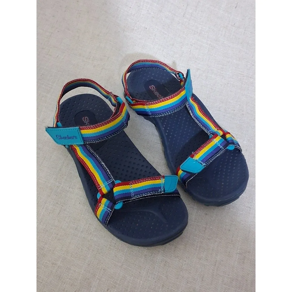 Skechers Kids Rainbow Striped Sport Sandals Navy Blue Strappy Adjustable